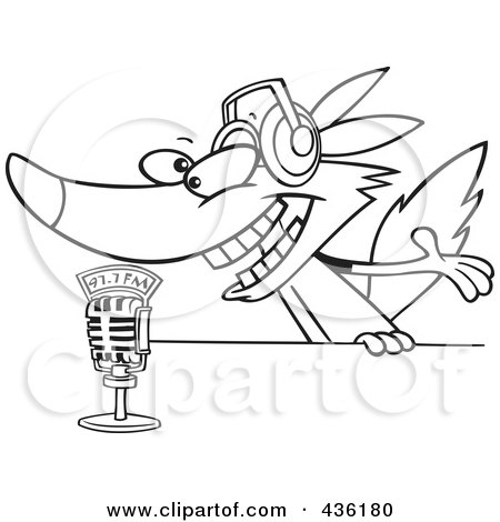 Royalty-Free (RF) Clipart Illustration of a Line Art Design Of A Radio Wolf Talking Into A Microphone by toonaday
