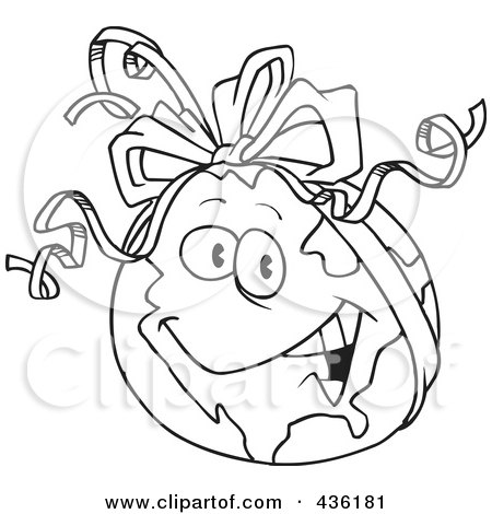 Royalty-Free (RF) Clipart Illustration of a Line Art Design Of A Gift Globe With A Ribbon by toonaday
