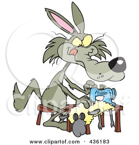 Royalty-Free (RF) Clipart Illustration of a Wolf Sewing A Sheep Costume by toonaday