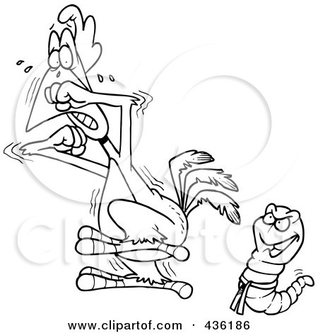 Royalty-Free (RF) Clipart Illustration of a Line Art Design Of A Karate Worm Intimidating A Rooster by toonaday