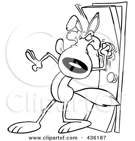 Royalty-Free (RF) Clipart Illustration of a Line Art Design Of A Wolf Knocking On A Door by toonaday