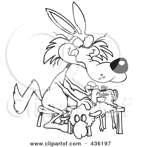Royalty-Free (RF) Clipart Illustration of a Line Art Design Of A Wolf Sewing A Sheep Costume by toonaday
