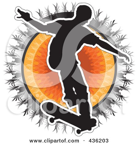 Royalty-Free (RF) Clipart Illustration of a Silhouetted Skateboarder Over A Tribal Sun by Maria Bell