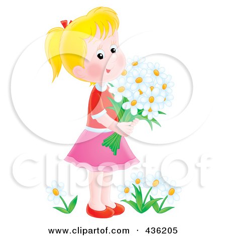 Royalty-Free (RF) Clipart Illustration of a Happy Girl Picking Daisy Flowers by Alex Bannykh