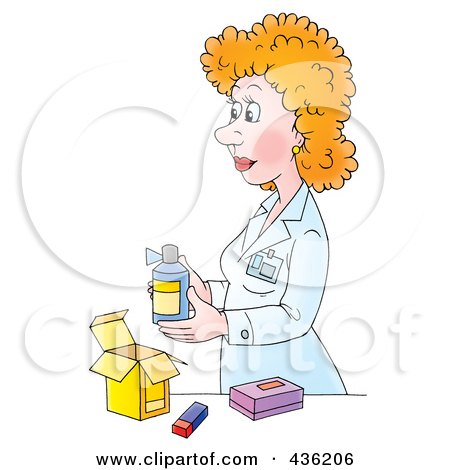 Royalty-Free (RF) Clipart Illustration of a Cartoon Female Pharmacist Packaging A Prescription by Alex Bannykh