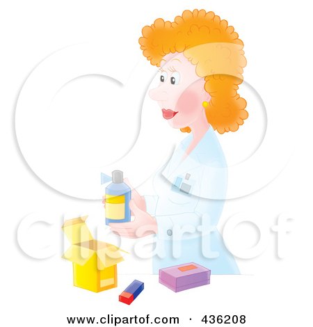 Royalty-Free (RF) Clipart Illustration of a Female Pharmacist Packaging A Prescription by Alex Bannykh
