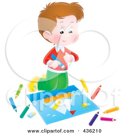 Royalty-Free (RF) Clipart Illustration of a Happy Boy Coloring A Sail Boat by Alex Bannykh