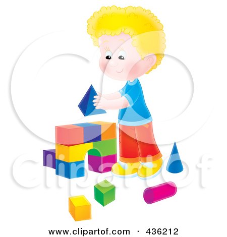 Royalty-Free (RF) Clipart Illustration of a Blond Boy Building An Arch With Toy Blocks by Alex Bannykh