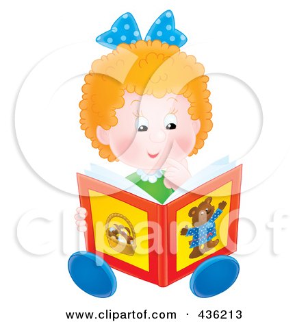 Royalty-Free (RF) Clipart Illustration of a Happy Girl Reading A Story Book by Alex Bannykh