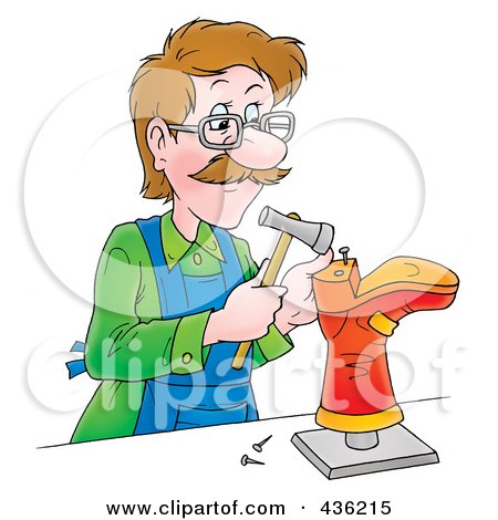 Royalty-Free (RF) Clipart Illustration of a Cartoon Shoe Maker Hammering A Sole Onto A Boot by Alex Bannykh
