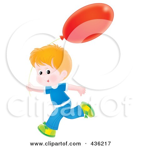 Royalty-Free (RF) Clipart Illustration of a Happy Boy Running With A Red Balloon by Alex Bannykh