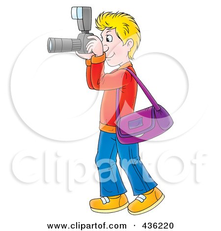 Royalty-Free (RF) Clipart Illustration of a Cartoon Blond Man Taking Pictures With A Camera by Alex Bannykh
