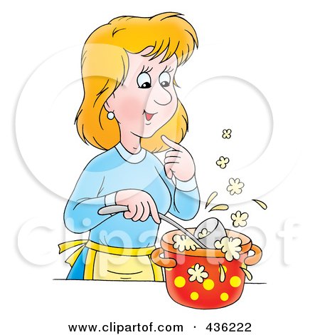 Royalty-Free (RF) Clipart Illustration of a Cartoon Woman Cooking Soup by Alex Bannykh