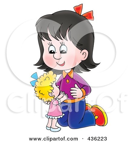Royalty-Free (RF) Clipart Illustration of a Cartoon Girl Playing With A Doll by Alex Bannykh