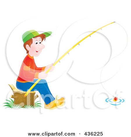 Royalty-Free (RF) Clipart Illustration of a Boy Sitting On A Stump And Fishing by Alex Bannykh