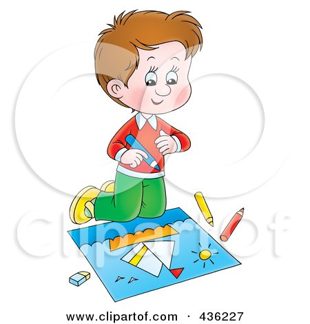 Royalty-Free (RF) Clipart Illustration of a Cartoon Happy Boy Coloring A Sail Boat by Alex Bannykh
