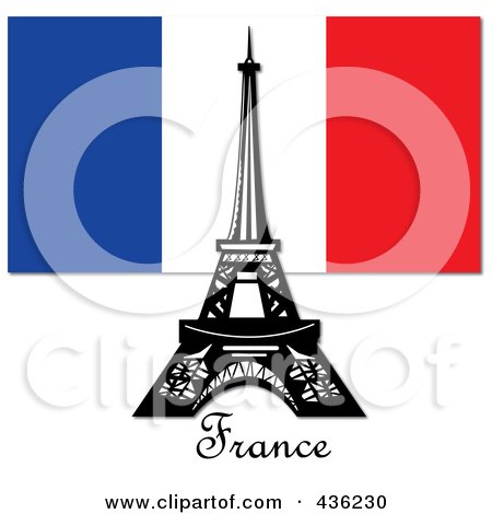 Royalty-Free (RF) Clipart Illustration of The Eiffel Tower Against The French Flag And Above France Text by Pams Clipart