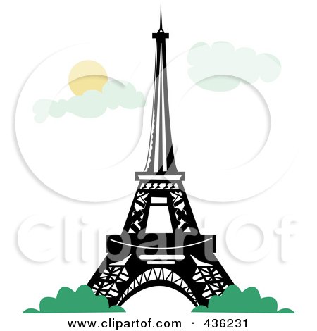 Royalty-Free (RF) Clipart Illustration of The Eiffel Tower With Bushes Against A Sky With Clouds by Pams Clipart