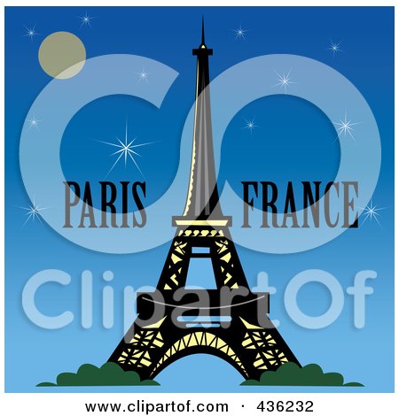 Royalty-Free (RF) Clipart Illustration of The Eiffel Tower With Paris France Text, Against A Night Sky by Pams Clipart