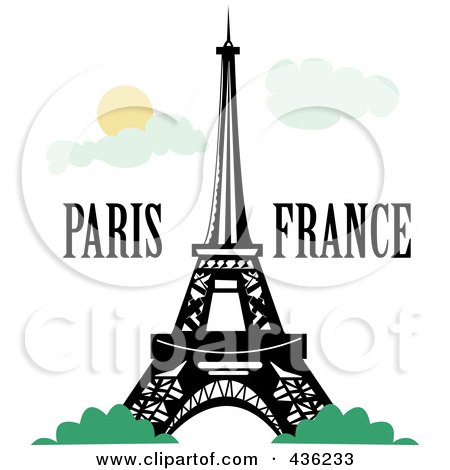 Royalty-Free (RF) Clipart Illustration of The Eiffel Tower With Paris France Text, Against A Sky With Clouds by Pams Clipart