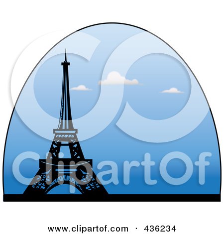 Royalty-Free (RF) Clipart Illustration of The Eiffel Tower In A Blue Half Oval With Clouds by Pams Clipart