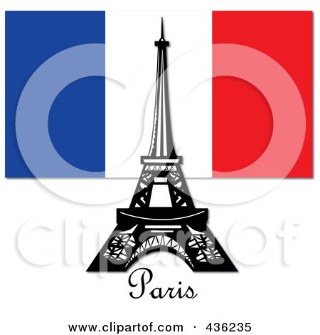 Royalty-Free (RF) Clipart Illustration of The Eiffel Tower Against The French Flag And Above Paris Text by Pams Clipart