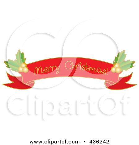 Royalty-Free (RF) Clipart Illustration of a Red Merry Christmas Ribbon Banner With Holly by Pams Clipart