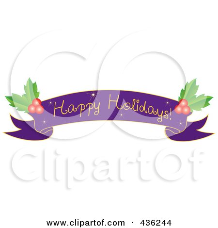 Royalty-Free (RF) Clipart Illustration of a Purple Happy Holidays Ribbon Banner With Holly by Pams Clipart
