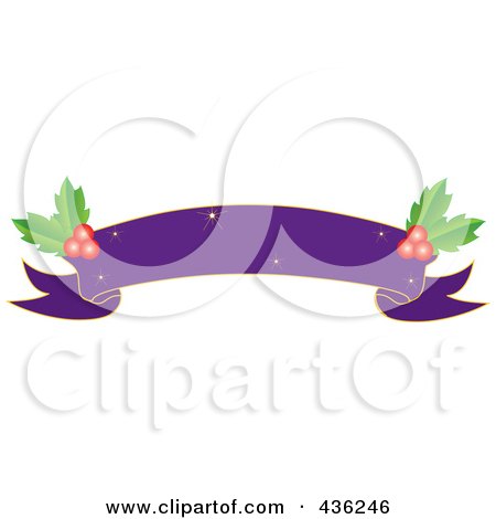 Royalty-Free (RF) Clipart Illustration of a Purple Blank Christmas Ribbon Banner With Holly by Pams Clipart