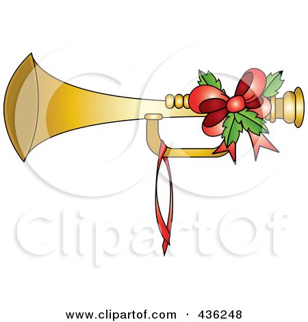 Royalty-Free (RF) Clipart Illustration of a Gold Christmas Horn With Holly And A Red Bow by Pams Clipart