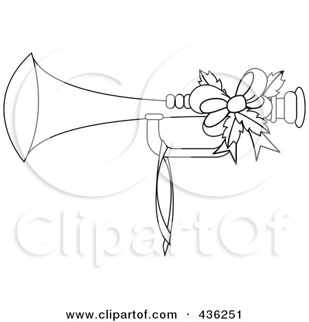 Royalty-Free (RF) Clipart Illustration of an Outlined Christmas Horn With Holly And A Bow by Pams Clipart
