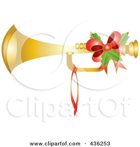 Royalty-Free (RF) Clipart Illustration of a Golden Christmas Horn With Holly And A Red Bow by Pams Clipart