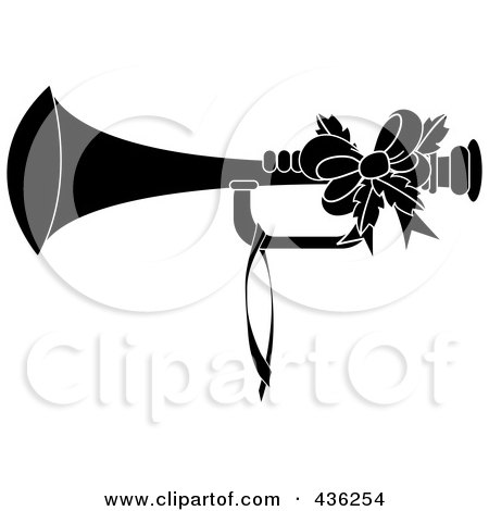 Royalty-Free (RF) Clipart Illustration of a Black And White Christmas Horn With Holly And A Bow by Pams Clipart
