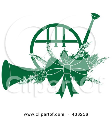 Royalty-Free (RF) Clipart Illustration of a Green Christmas French Horn With Holly And A Bow by Pams Clipart