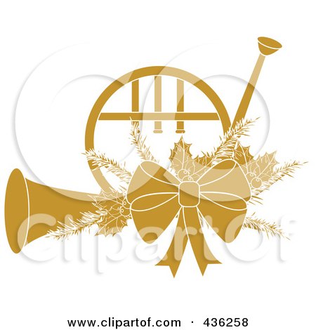 Royalty-Free (RF) Clipart Illustration of a Yellow Christmas French Horn With Holly And A Bow by Pams Clipart