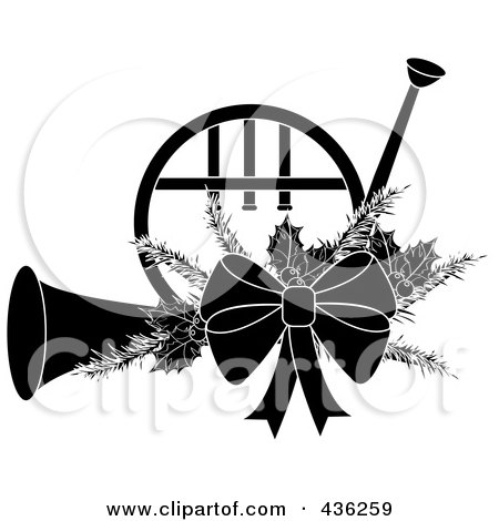 Royalty-Free (RF) Clipart Illustration of a Black And White Christmas French Horn With Holly And A Bow by Pams Clipart