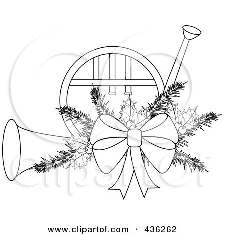 Royalty-Free (RF) Clipart Illustration of an Outlined Christmas French Horn With Holly And A Bow by Pams Clipart