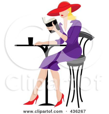 Royalty-Free (RF) Clipart Illustration of a Beautiful Blond French Woman Reading A Book At A Bistro Table by Pams Clipart