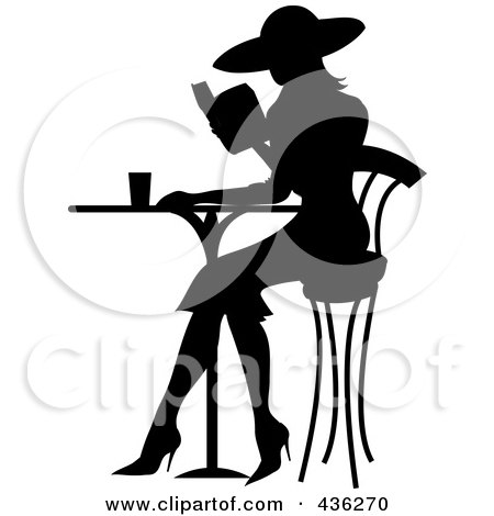 Royalty-Free (RF) Clipart Illustration of a Black Silhouetted French Woman Reading A Book At A Bistro Table by Pams Clipart