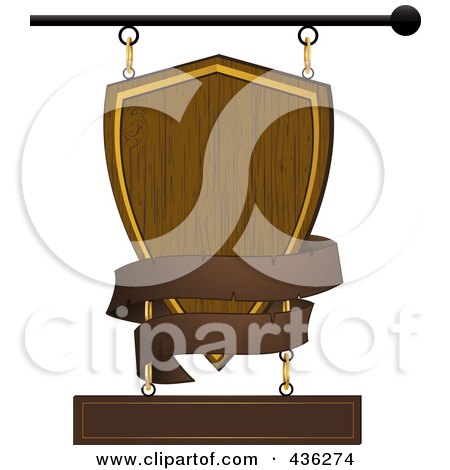 Royalty-Free (RF) Clipart Illustration of a Wooden Shield Store Front Sign With A Brown Banner by elaineitalia