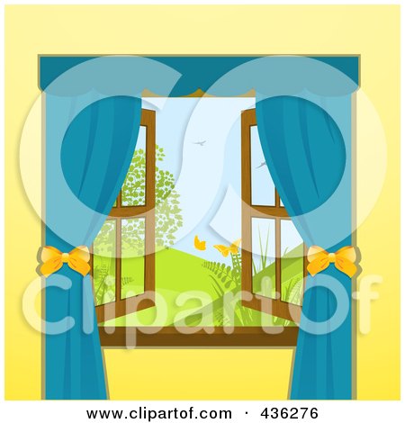 Royalty-Free (RF) Clipart Illustration of an Open Window With A View Of A Spring Landscape by elaineitalia