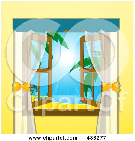 Royalty-Free (RF) Clipart Illustration of an Open Window With A View Of A Tropical Beach by elaineitalia