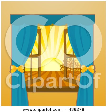 Royalty-Free (RF) Clipart Illustration of an Open Window With A View Of The Sun Setting Over Farmland by elaineitalia