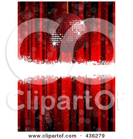 Royalty-Free (RF) Clipart Illustration of a Red Disco Ball Christmas Ornament Background With A Bar Of White Grunge by elaineitalia