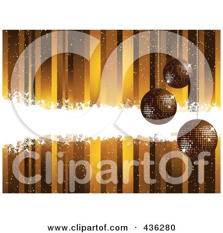 Royalty-Free (RF) Clipart Illustration of a Gold Disco Ball Christmas Ornament Background With A Bar Of White Grunge by elaineitalia