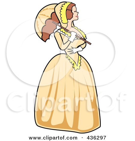 Royalty-Free (RF) Clipart Illustration of a Victorian Woman Strolling In A Yellow Dress With A Parasol by Andy Nortnik