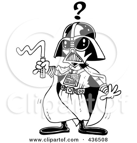 Royalty-Free (RF) Clipart Illustration of a Line Art Design Of A Confused Vadar Man With A Broken Weapon by toonaday