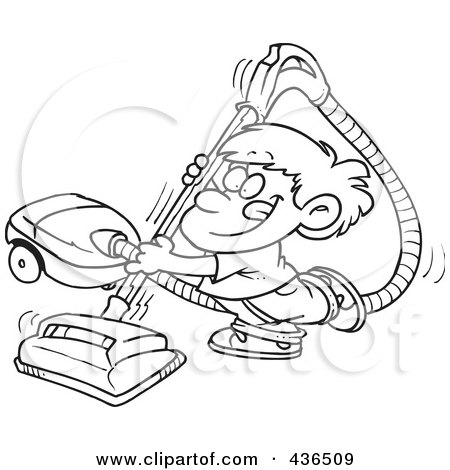 Royalty-Free (RF) Clipart Illustration of a Line Art Design Of A Happy Boy Using A Vacuum by toonaday