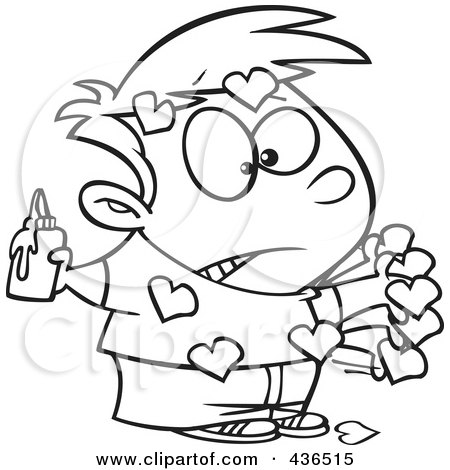 Royalty-Free (RF) Clipart Illustration of a Line Art Design Of A Messy Boy With Valentine Hearts Glued All Over His Body by toonaday