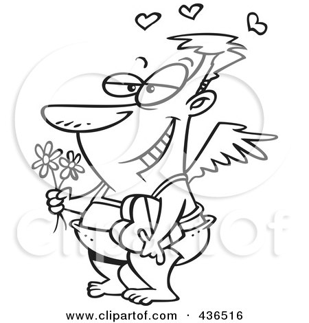 Royalty-Free (RF) Clipart Illustration of a Line Art Design Of A Romantic Cupid Holding A Box Of Valentine Candy And Flowers by toonaday